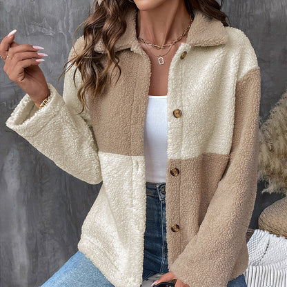 Damen Teddyjacke Nachhaltig Farbblockdetails Beige