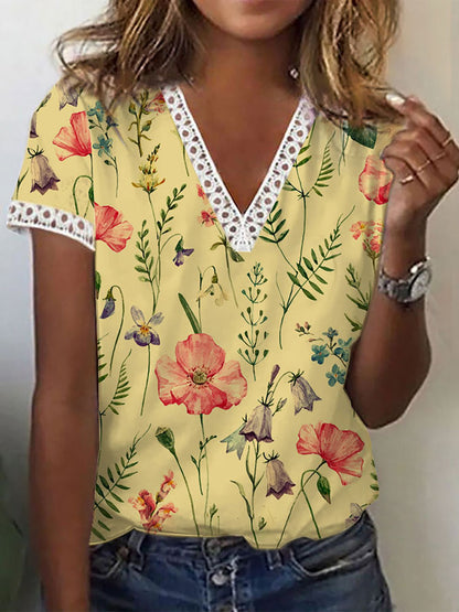 Damen T-Shirt Kurzärmelig V-Ausschnitt Print Elegantes Design