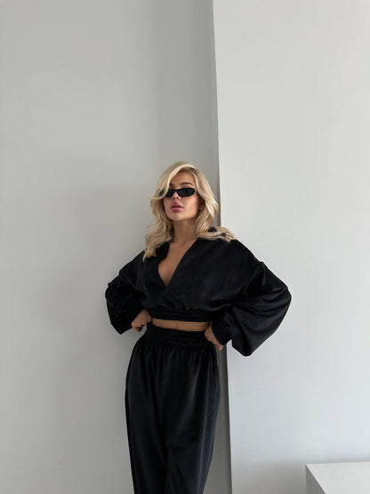 Damen Fleece Set Weites Oberteil Elastische Hose Beige Norvielle