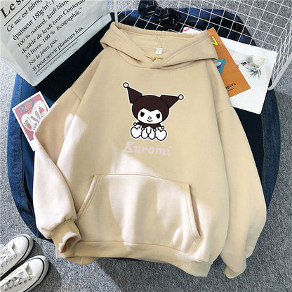 Damen Kapuzenpullover Kuh-Motiv Fleece Futter Beige