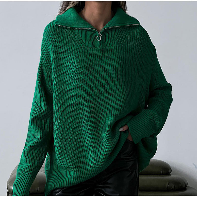 Damen Oversized Strickpullover Stehkragen Reißverschluss Norvielle