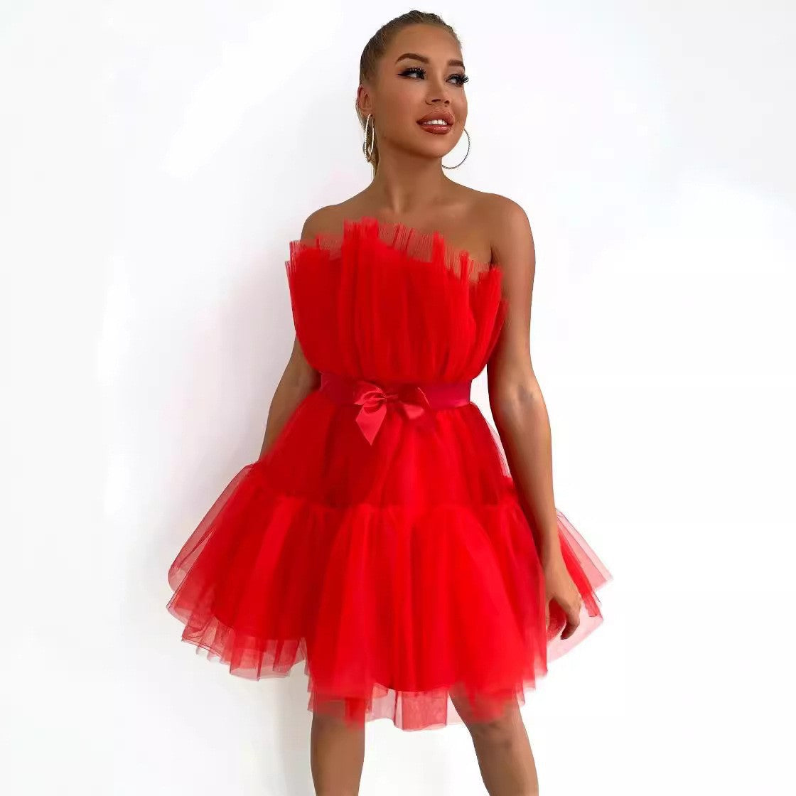 Damen Tüllkleid Asymmetrisch Voluminöse Rüschen