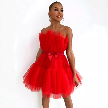 Damen Tüllkleid Asymmetrisch Voluminöse Rüschen