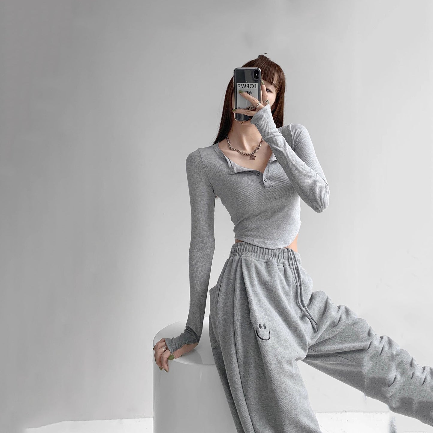 Damen Langarmshirt Dekorativer Knopf Lässiger Schnitt