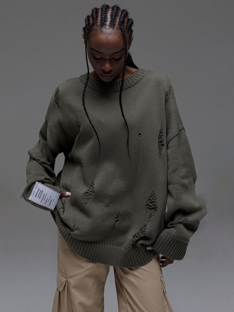 Damen Oversized Pullover Grob gestrickt Distressed Details Beige