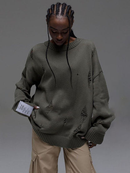 Damen Oversized Pullover Grob gestrickt Distressed Details Beige