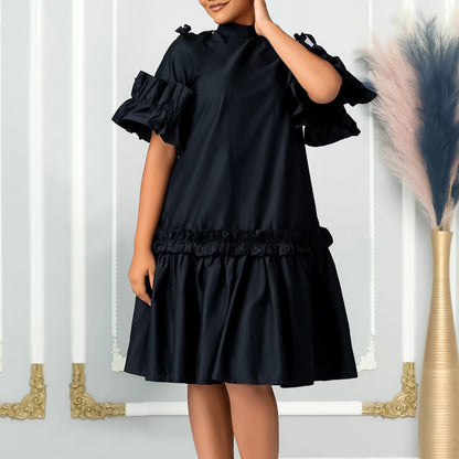 Damen Midikleid Voluminöse Rüschenärmel Stehkragen Norvielle