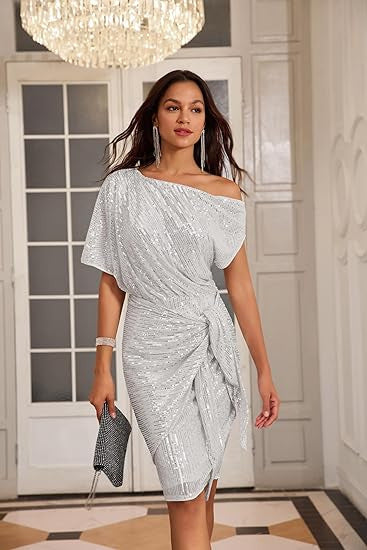 Damen Wickelkleid Asymmetrisch Glitzernd Pailletten