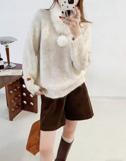 Damen Strickpullover Kuschelig Abnehmbarer Kragen Beige