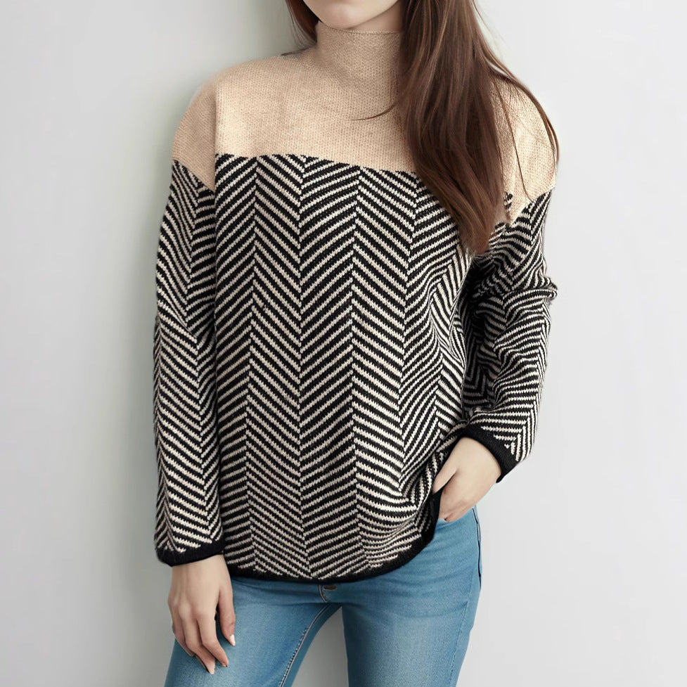 Damen Rollkragenpullover Fischgrätenmuster Elastisch Beige