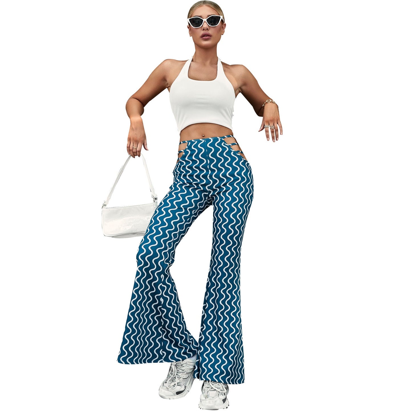 Damen High-Waist Schlaghose Wellenmuster mit Schnürdetails