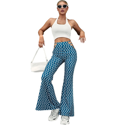 Damen High-Waist Schlaghose Wellenmuster mit Schnürdetails