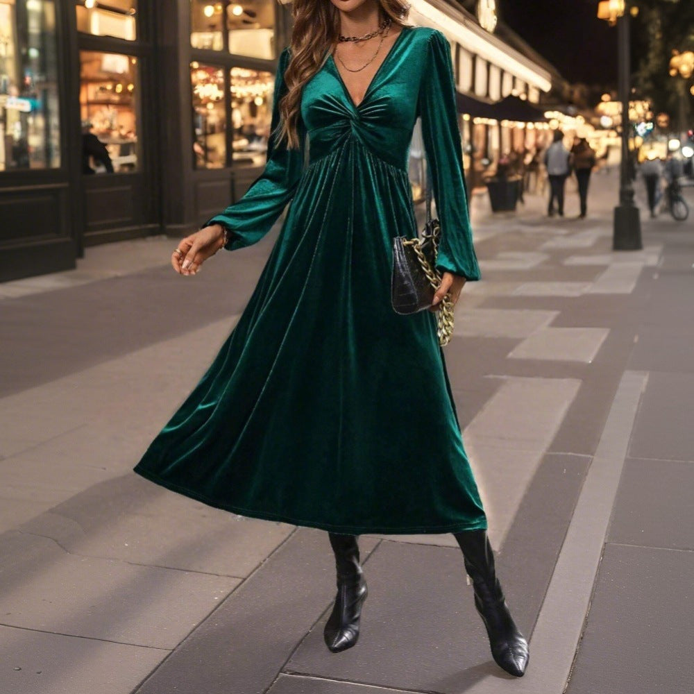 Damen Samt-Kleid Midi Wickeldesign V-Ausschnitt Norvielle - Norvielle