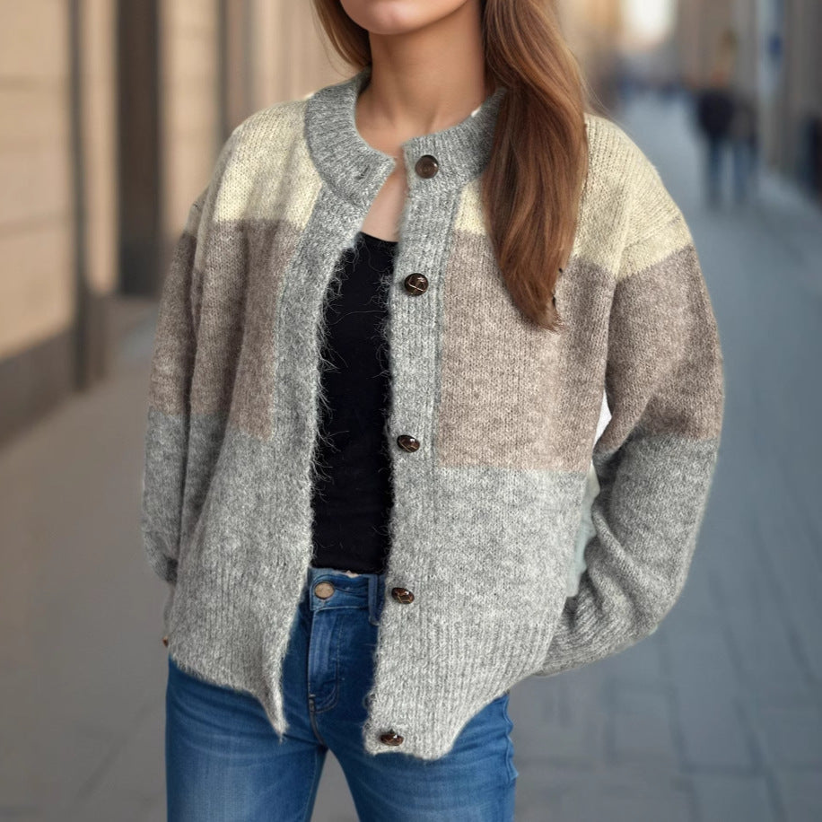 Damen Strickjacke Kuschelig Farbblockdesign Dekorative Knöpfe