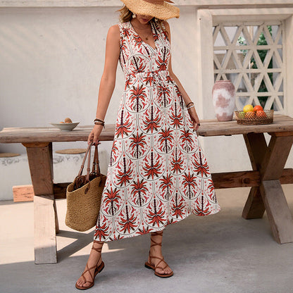 Damen Maxikleid Tropisches Muster Baumwolle Taillengürtel Norvielle