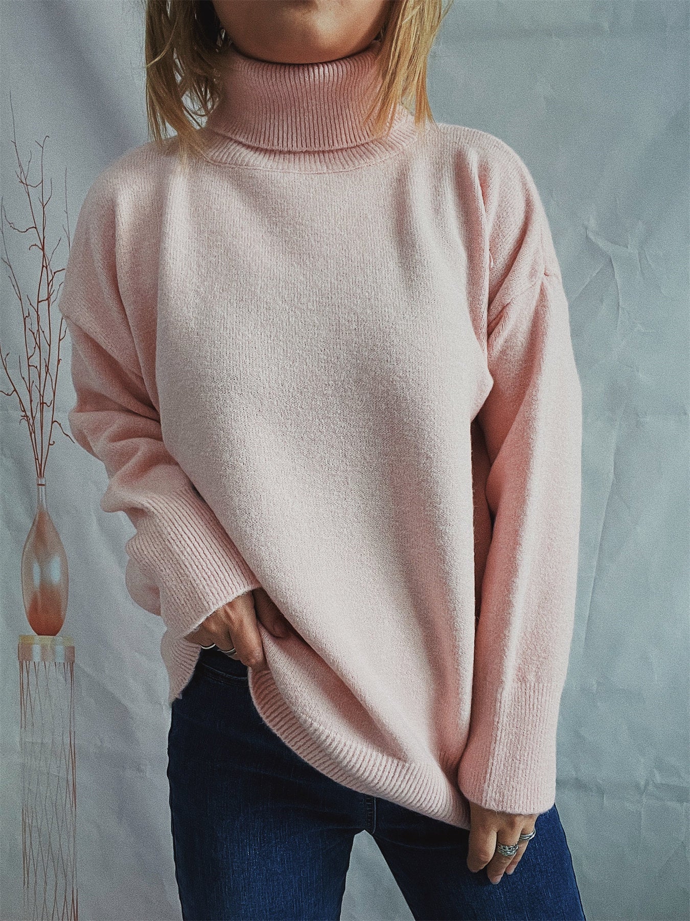 Damen Grobstrickpullover Hochkragen Locker Norvielle