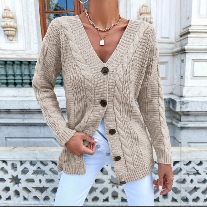 Damen Strickjacke Kabelmuster Klassische Knöpfe Beige - Norvielle