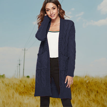 Damen Grobstrick Cardigan Zopfmuster Taschen Beige