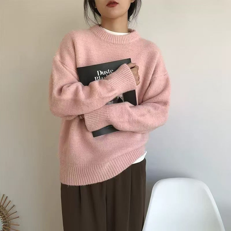 Damen Oversized Pullover Rundhals Kuschelfleece Beige