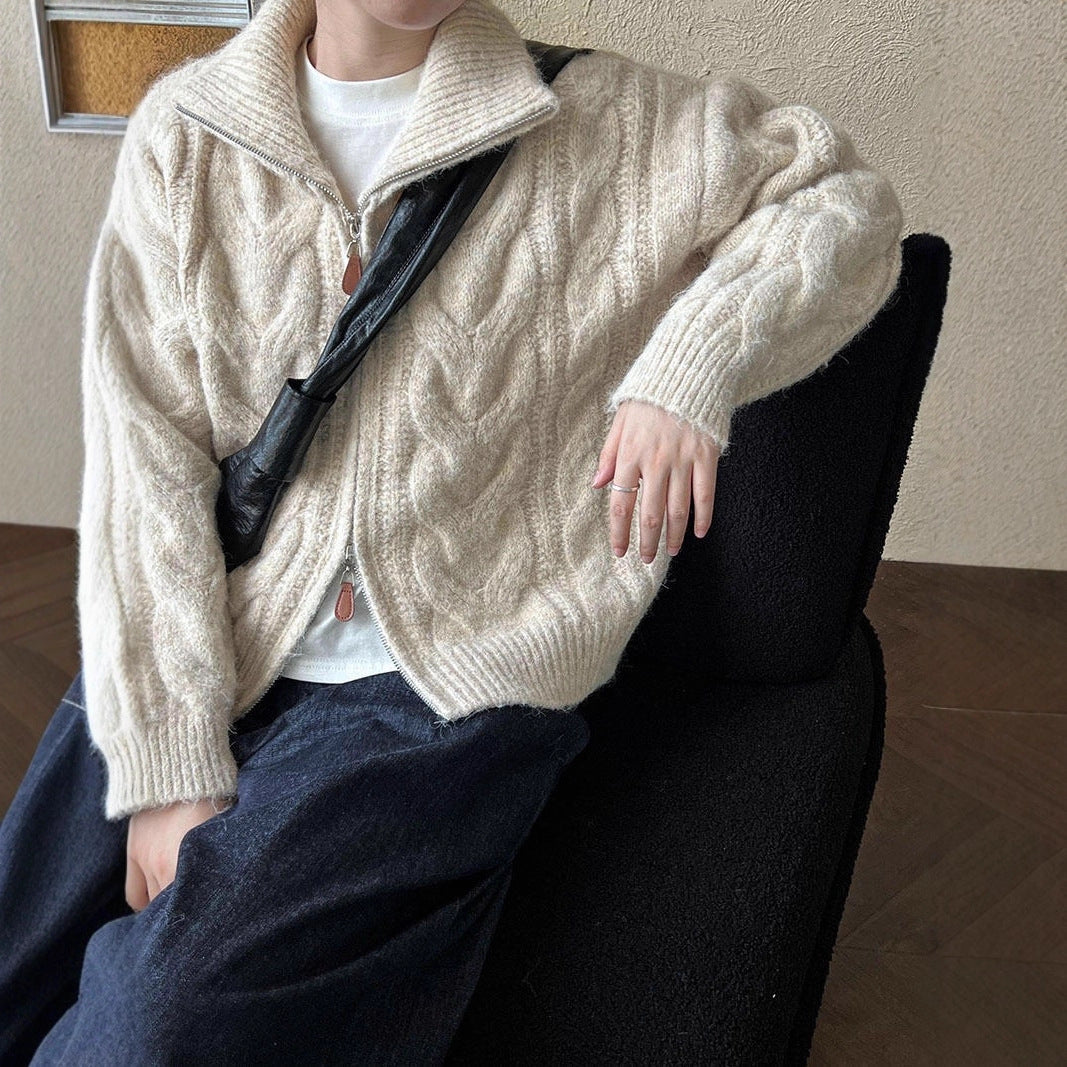 Damen Grobstrickjacke Stehkragen Zopfmuster dunkelblau