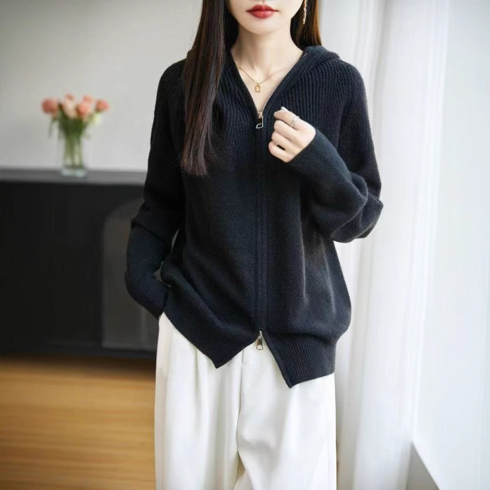 Damen Strickjacke mit Kapuze und Reißverschluss