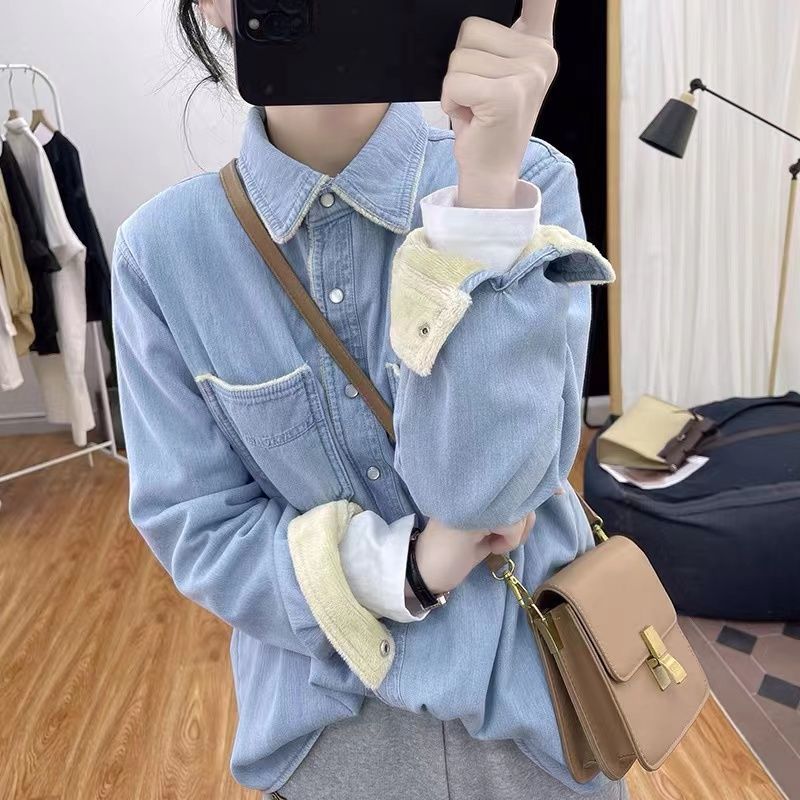 Damen Denim Bluse Kontrastkragen