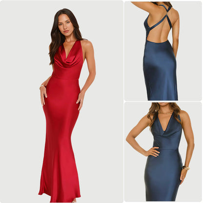 Damen Abendkleid Satin Wasserfall-Ausschnitt Figurbetont Schwarz - Norvielle