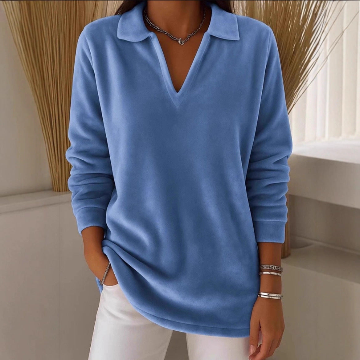 Damen Fleece Pullover V-Ausschnitt Weich Norvielle