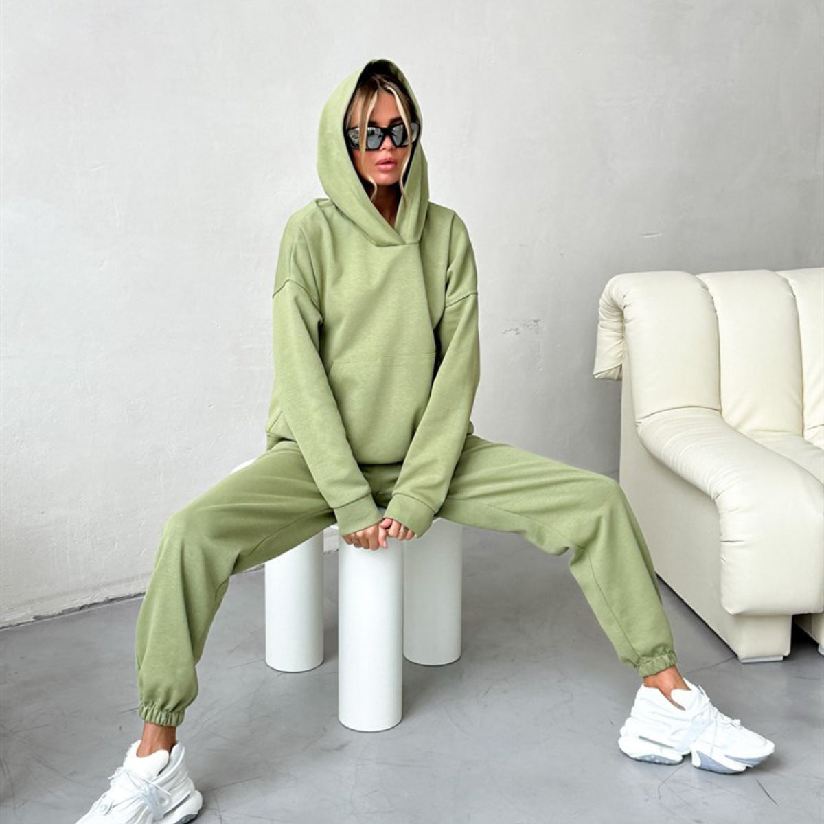 Damen Hoodie Jogginghose Anzug Baumwollmix Beige - Norvielle