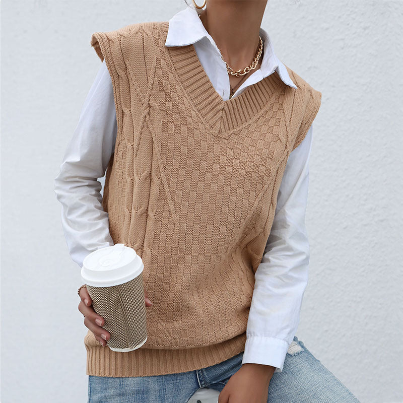Damen Strickpullover Ohne Ärmel V-Ausschnitt Strukturiert Beige