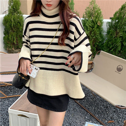 Damen Strickpullover Gestreift Komfortschnitt Beige