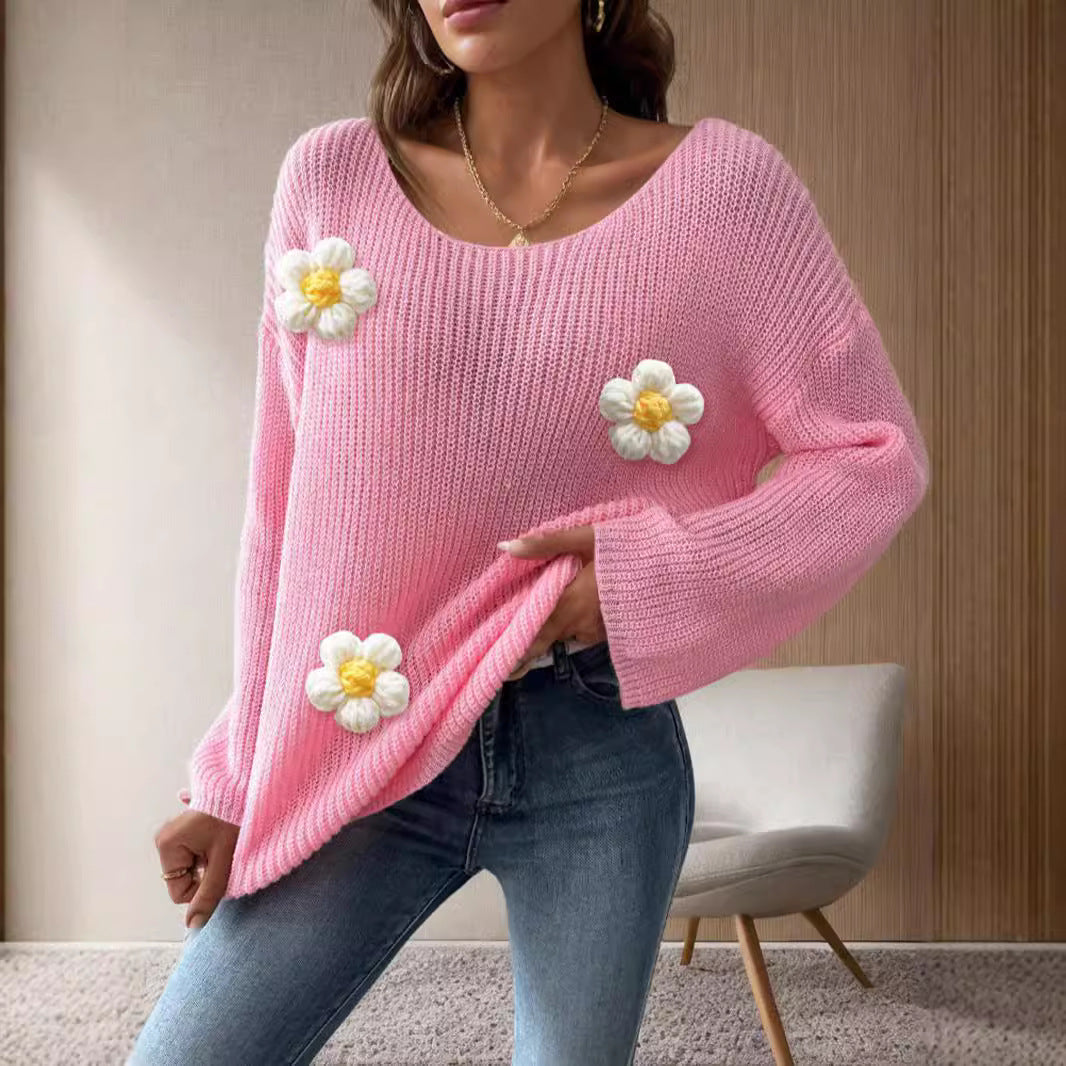 Damen Strickpullover Florales 3D-Design Weite Ärmel Norvielle