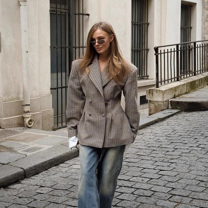 Damen Karo-Blazer Oversized Doppelter Knopfverschluss Norvielle