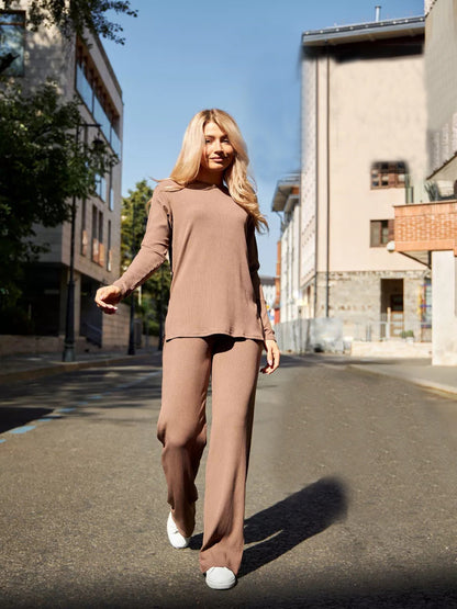 Damen Strick-Loungewear-Set Rippenstruktur Weites Bein Norvielle