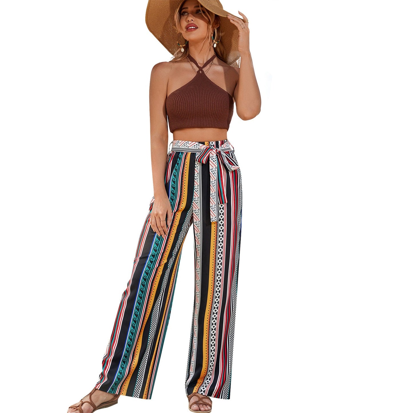 Damen Sommerhose Weit Leicht Auffälliges Muster Beige