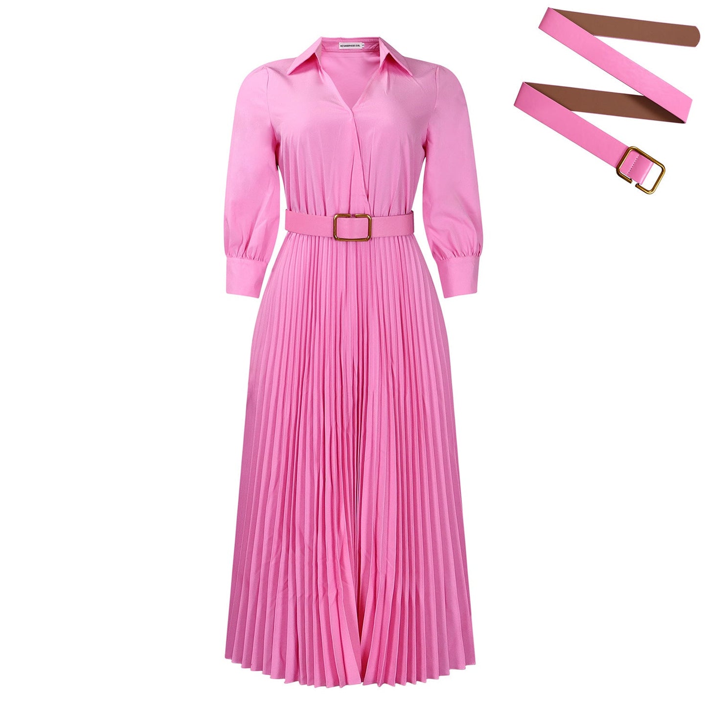Damen Maxi-Kleid Plissee mit Taillengürtel und Knopfkragen