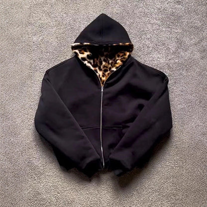 Damen Kapuzenjacke Kuscheliges Fleece Innenfutter Animalmuster
