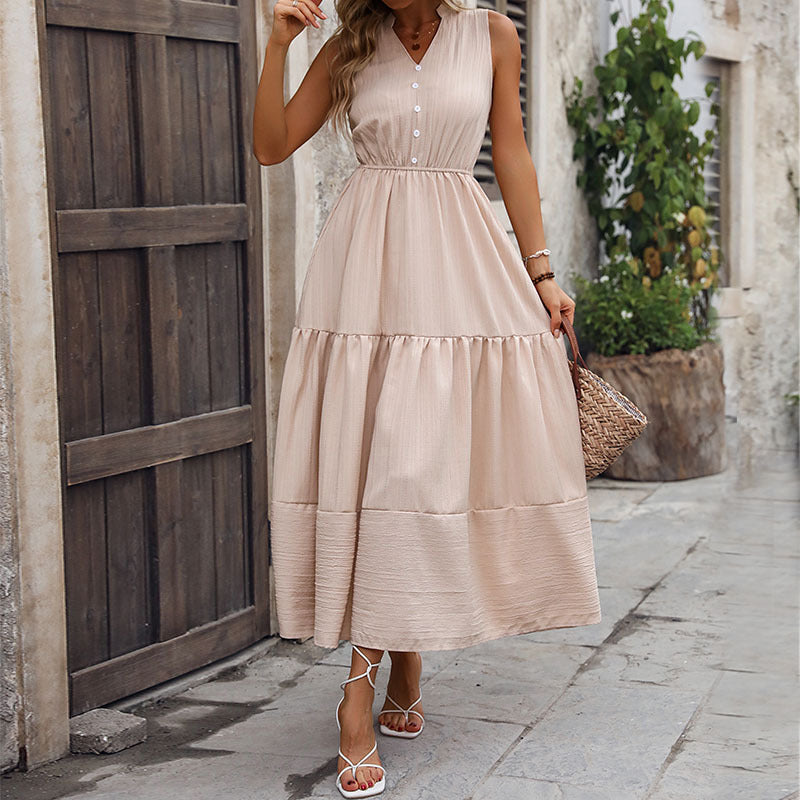 Damen Maxikleid V-Ausschnitt Knopfleiste Norvielle