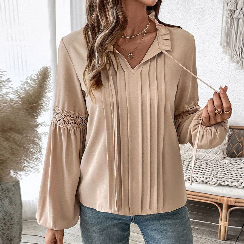 Damen Longbluse Spitzenakzente Feine Falten Norvielle