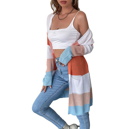Damen Cardigan Lässig Gestrickt Blockfarben Tiefen Taschen Beige