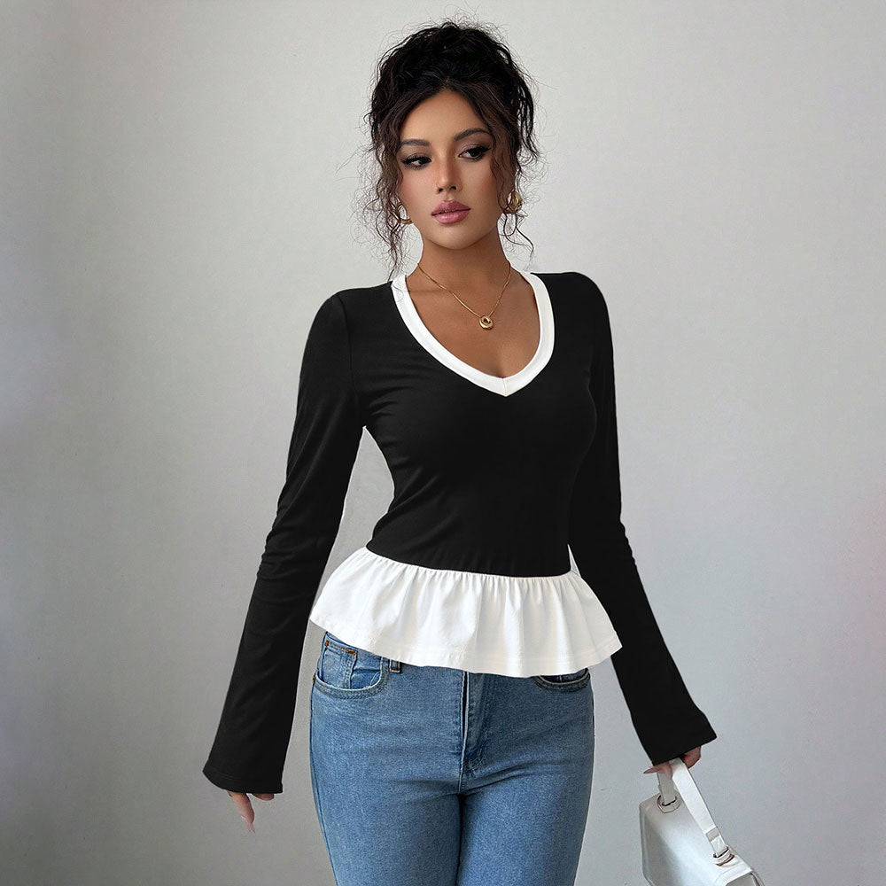 Damen Langarmshirt Rüschensaum V-Ausschnitt Norvielle