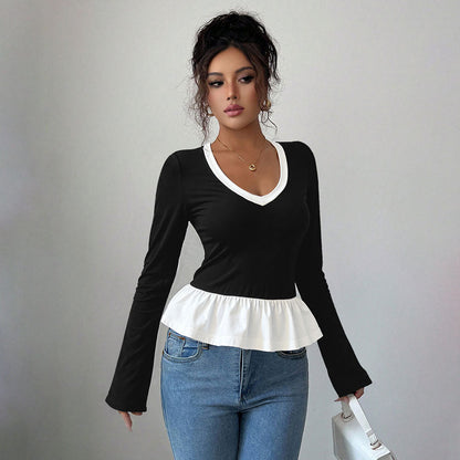 Damen Langarmshirt Rüschensaum V-Ausschnitt Norvielle
