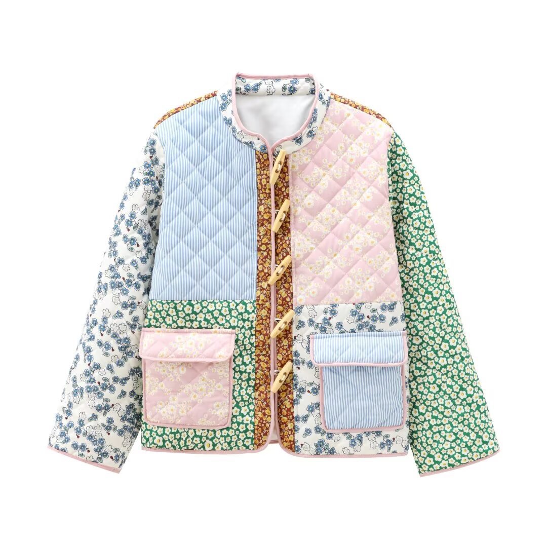 Damen Steppjacke Patchwork Muster Bunt