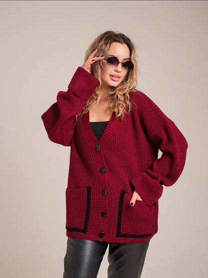 Damen Grobstrickjacke Norvielle mit Taschen und Knopfverschluss