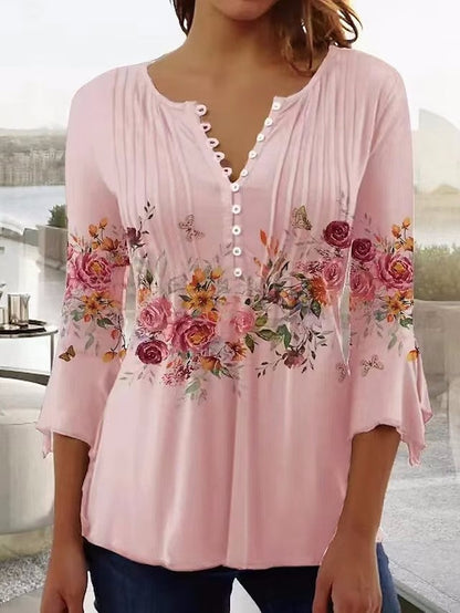 Damen Bluse Floralmuster Knöpfe Norvielle