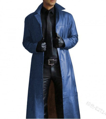 Herren Trenchcoat Langer Mantel Vegan Leder