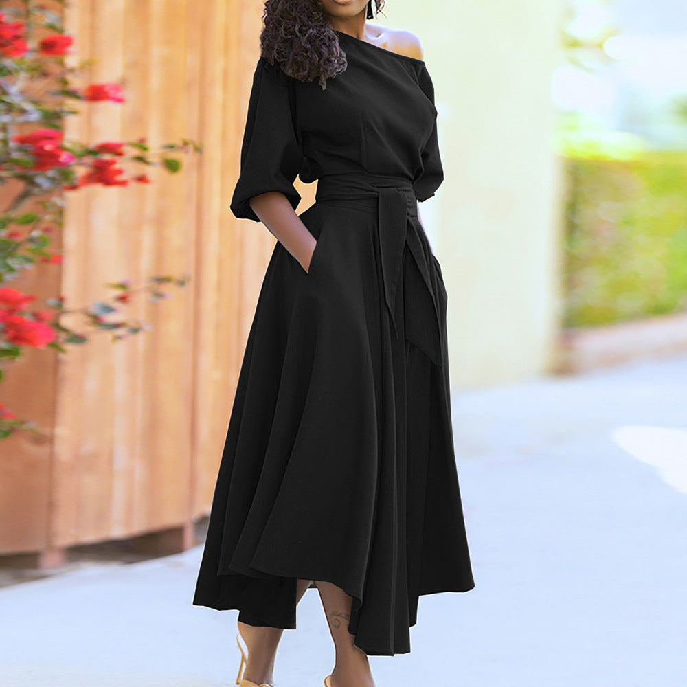 Damen Maxi-Kleid Asymmetrisch Mit Taschen Norvielle