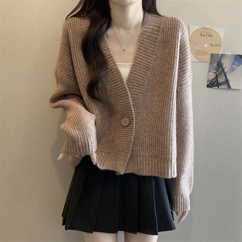 Damen Strickjacke V-Ausschnitt Große Knöpfe Beige