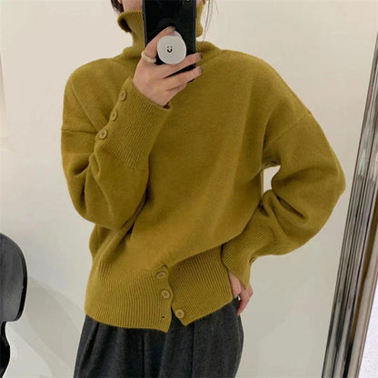 Damen Rollkragenpullover Kuschelfleece Knöpfe Beige