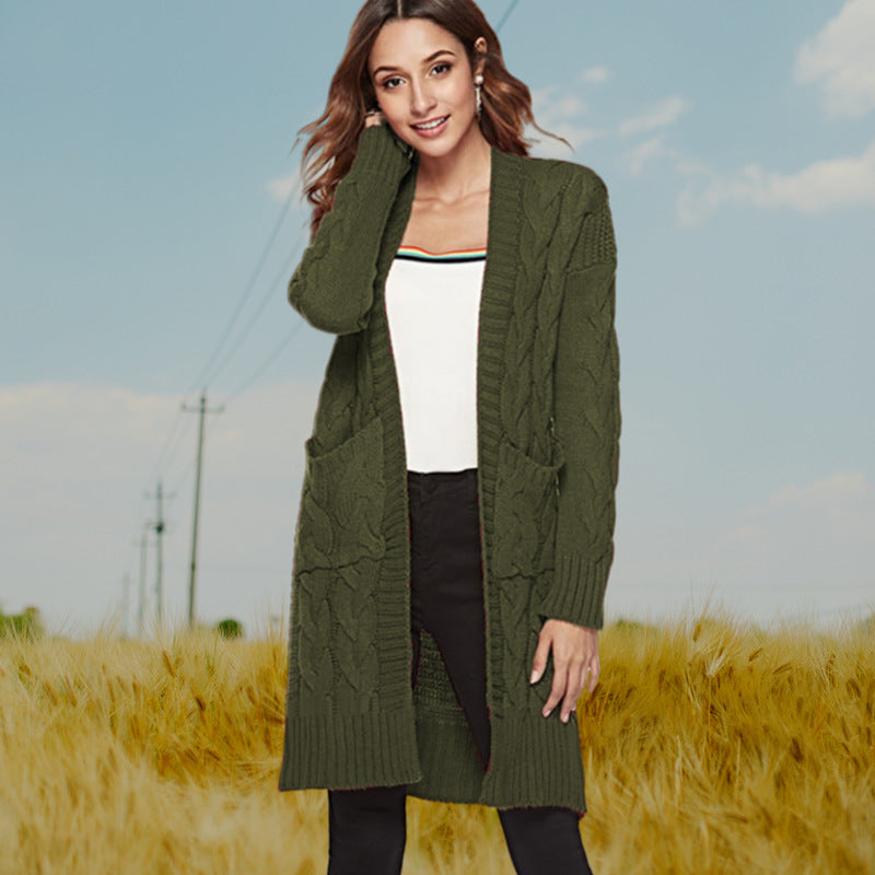 Damen Grobstrick Cardigan Zopfmuster Taschen Beige